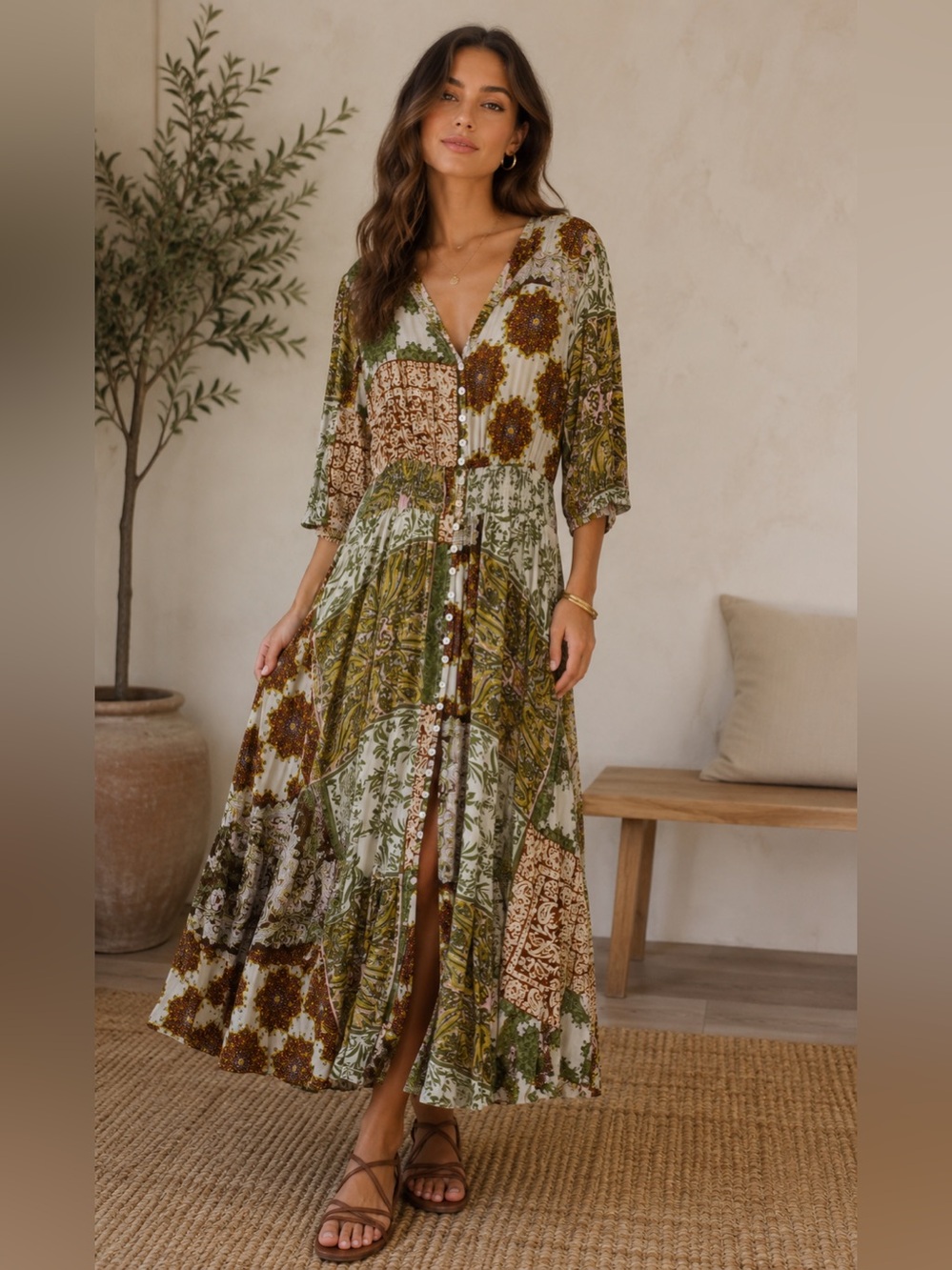 Talisman Bohemian Patchwork Maxi Dress in Olive and Brown